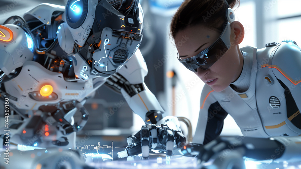 Fototapeta premium Robot and Human Working Together in a Factory, blue and orange color for the futuristic look.