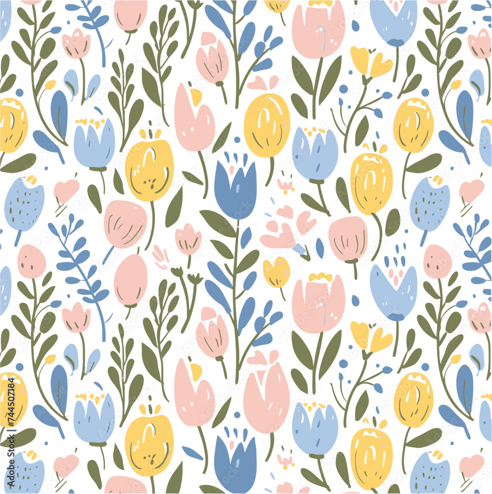 Floral pattern in pastel colors, styled tulips, spring flowers on white background, vector illustration
