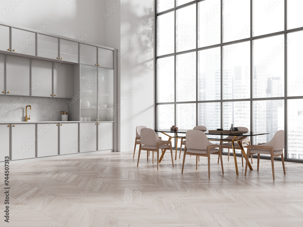Fototapeta premium Light home kitchen interior with eating table and cabinet, panoramic window