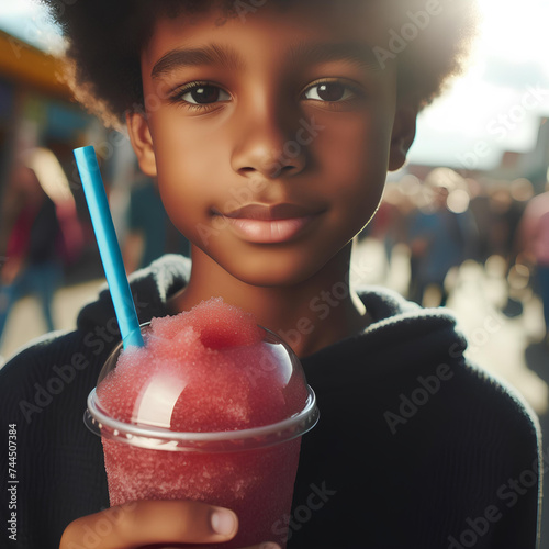 Close up of a child holding a cold slushy crushed ice drink photo