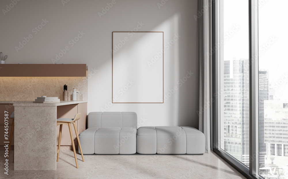 Fototapeta premium Modern studio interior with relax and cooking space, window and mockup frame