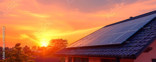 A futuristic solar panel integrated into a home, showcasing green energy technology against a beautiful sunset, symbolizing eco-friendly power. 