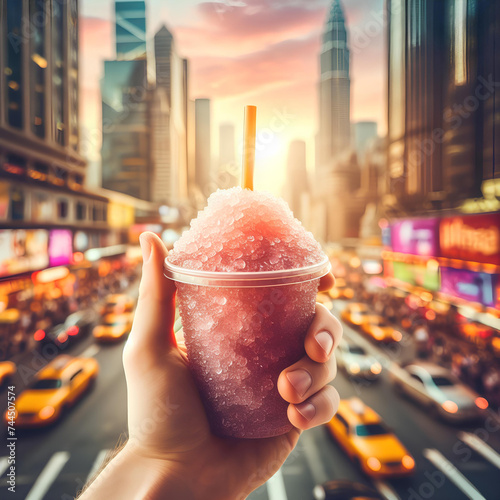 hand holding a cold slushy crushed ice drink on blurred city background photo