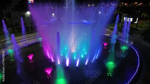 park drone at night, artesian fountain park landscape