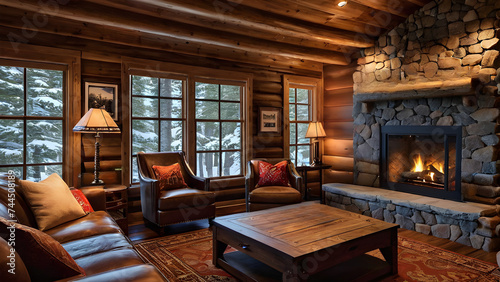 Cozy cabin  Wood paneling  fireplace  and rustic furnishings  offering warmth and tranquility in a rustic retreat Generative AI