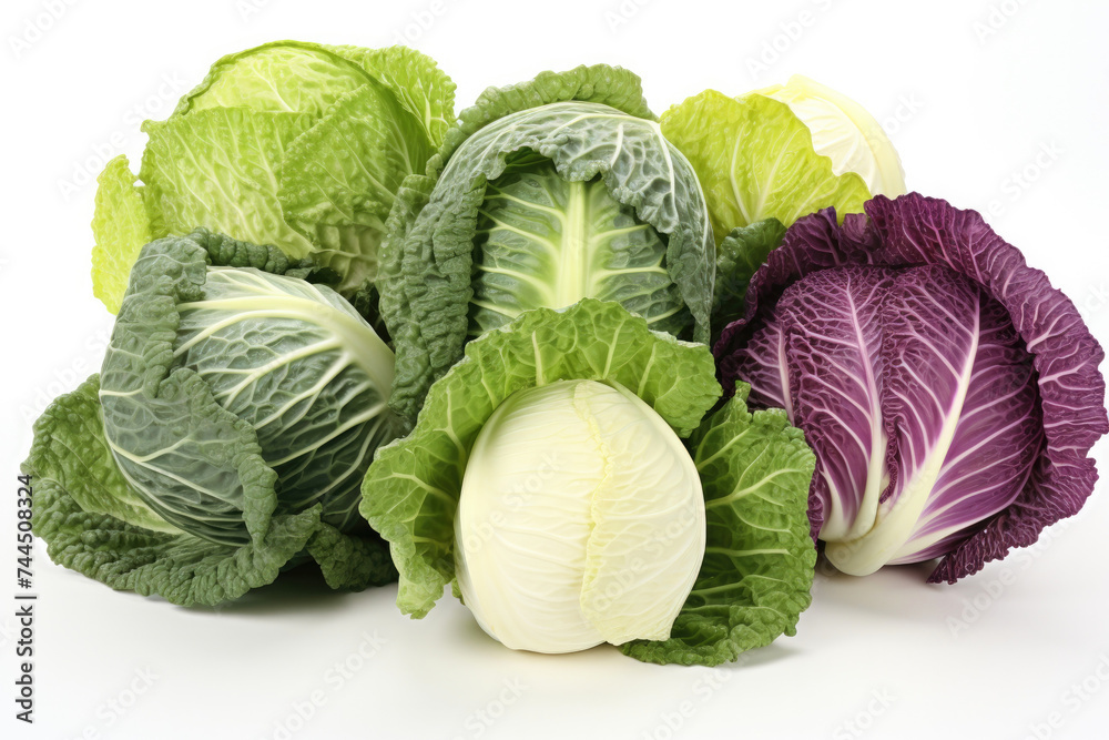 Fototapeta premium Horizontal image of various types of fresh and healthy cabbages: kale, green cabbage, red cabbage on white background with copy space. Ai generated