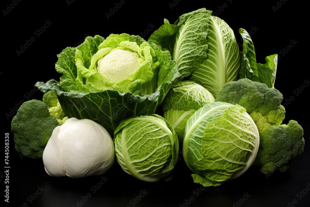 Fototapeta premium Various cabbages stacked on black background with copy space. Fresh seasonal vegetables with kale, white cabbage broccoli, savoy cabbage. Ai generated