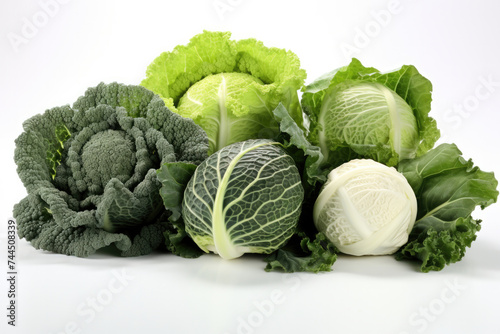 Diversity of types of green and white leafy cabbages: white cabbage, kale, savoy cabbage, Milanese cabbage on white background with copy space. Natural and healthy seasonal vegetables. Ai generated