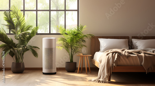 White modern design air purifier, dehumidifier in beige brown wall bedroom, gray cover sheet bed, tropical palm tree in sunlight on wood parquet floor photo