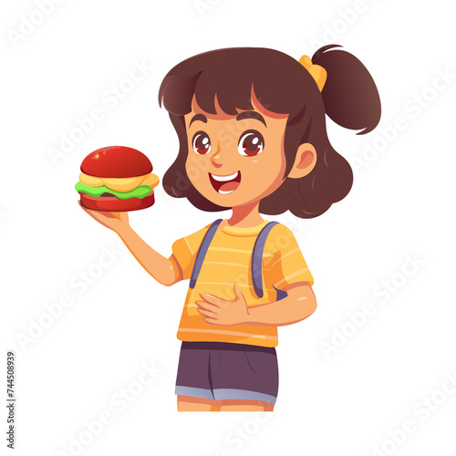 Child girl eat burger. Harmful snack, fast food. Unhealthy food. Cartoon ai