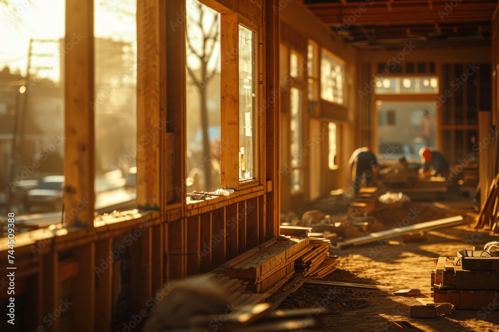 Golden Sunset Through Construction Site Window. Golden Sunset Through Construction Site Window.