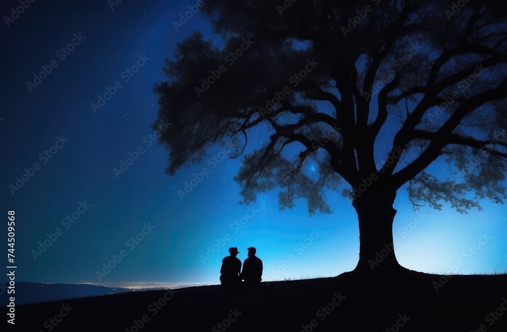 Silhouette of a big tree and a couple of lovers under it, a night starry sky and a romantic couple looking at the sky
