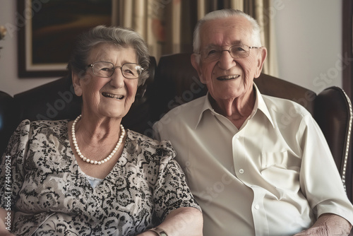 Senior couple sitting at home posing for a picture smiling and hugging. Mature man and woman smile and enjoy time. Elderly happy lifestyle people together in relationship. Life old mature