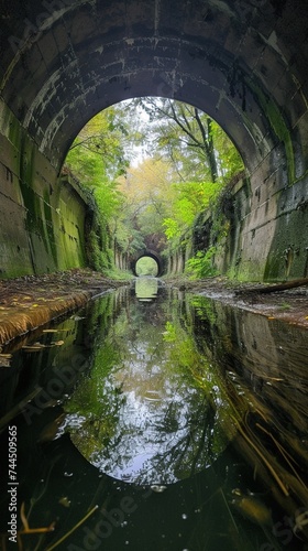 A Flooded and Abandoned Tunnel Covered with Foliage