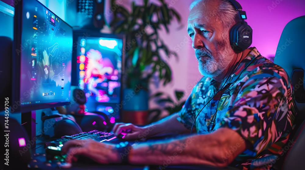 Man in his 60s playing pc games, generative ai image