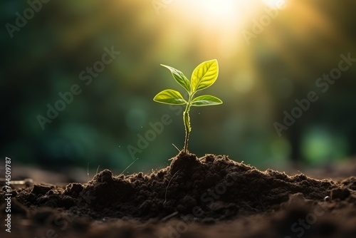 Seedlings growing from rich soil to morning sunlight, ecology concept wide panoramic banner