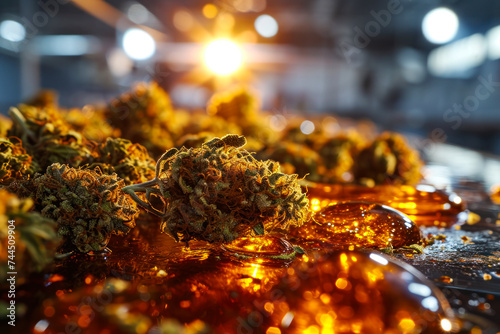 dry marijuana buds in concentrated amber resin.