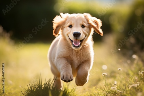 Adorable golden retriever puppy running and playing in a bright sunny green field