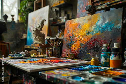 Colorful Abstract Painting on Artist's Workspace.