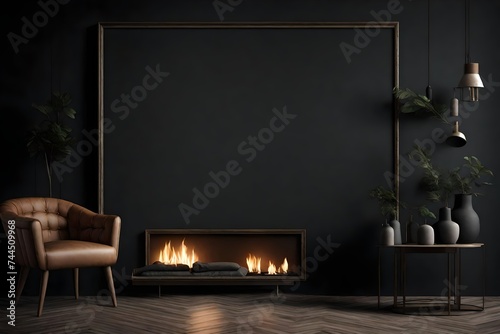 Mock up poster frame in dark interior background with fireplace, 3d render photo
