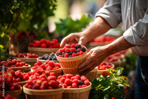 Senior Hands Selecting Fresh Berries at Market.