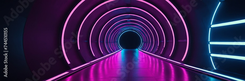 A futuristic tunnel with neon lights, creating a dynamic and sci-fi atmosphere suitable for virtual events or technological presentations