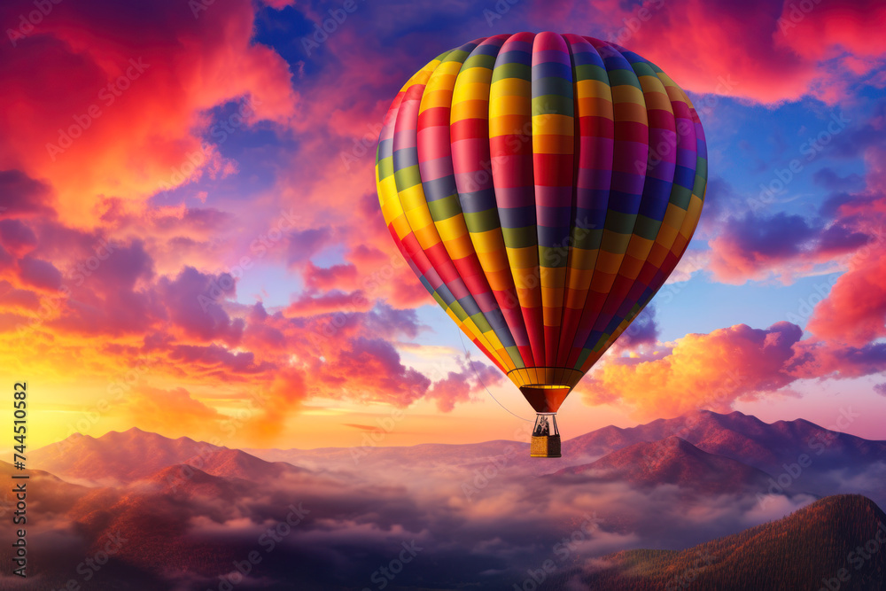 Hot Air Balloon Soaring at Sunrise Above Mountains.