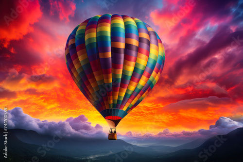 Hot Air Balloon Soaring at Sunrise Above Mountains.