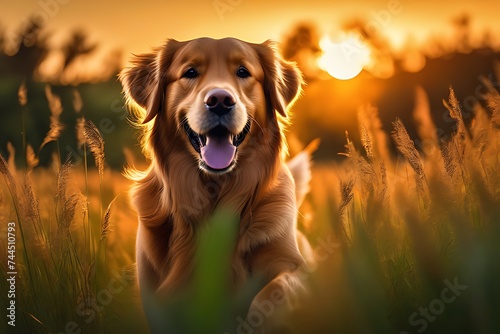 Portrait of Golden Retriever dog in the field at sunset. 