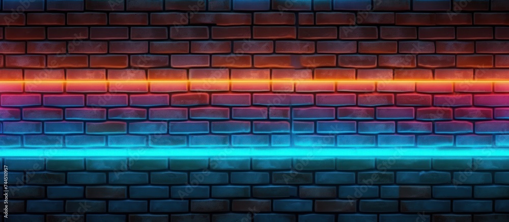 Brick wall background with neon light highlights