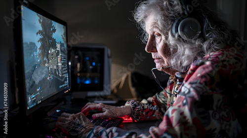 Elderly woman playing computer games, generative ai