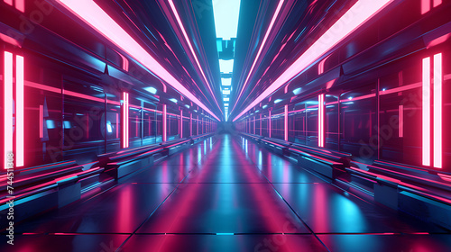 A futuristic tunnel with neon lights, creating a dynamic and sci-fi atmosphere suitable for virtual events or technological presentations © Simo