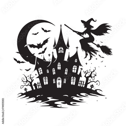 Horrifyingly Beautiful Halloween Spooky Hunted House Silhouette Masterpieces - An Ode to the Nocturnal with Halloween Spooky Hunted House Illustration - Silhouette of Hunted House
 photo
