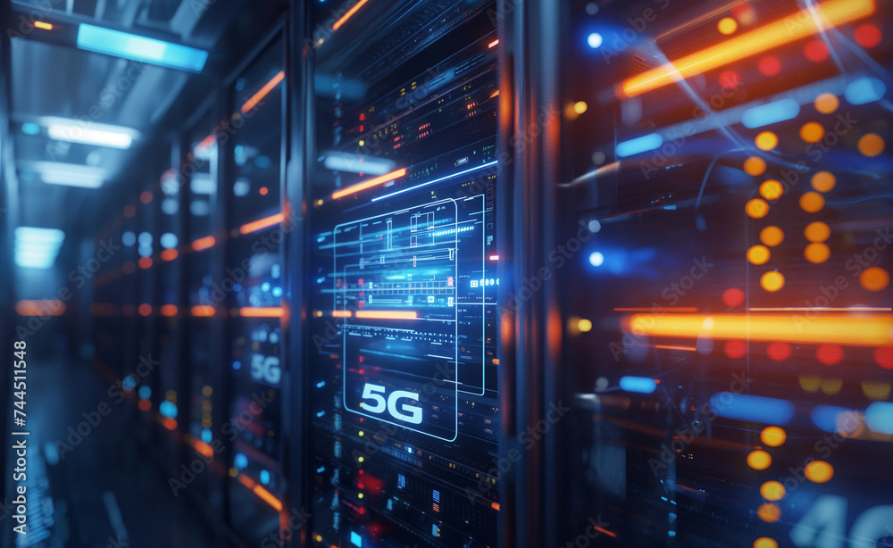 5G Illumination: Next-Generation Connectivity Unveiled. Next-Gen Wireless Technology Unveiled on High-Tech Server Canvas.