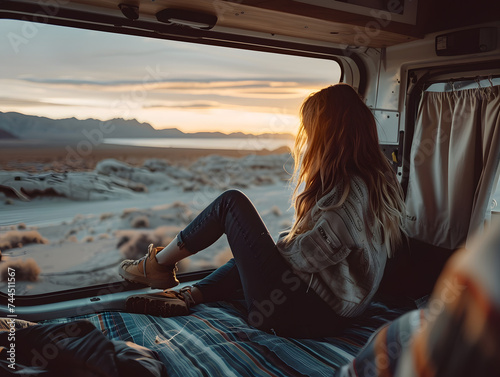 Woman sitting in van admiring the view, generative ai image