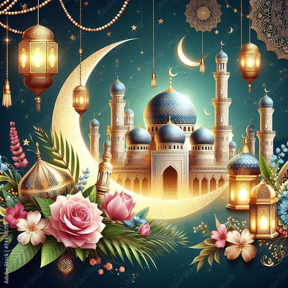 Beautiful background of the Eid Mubarak event and the Ramadan Kareem gold moon