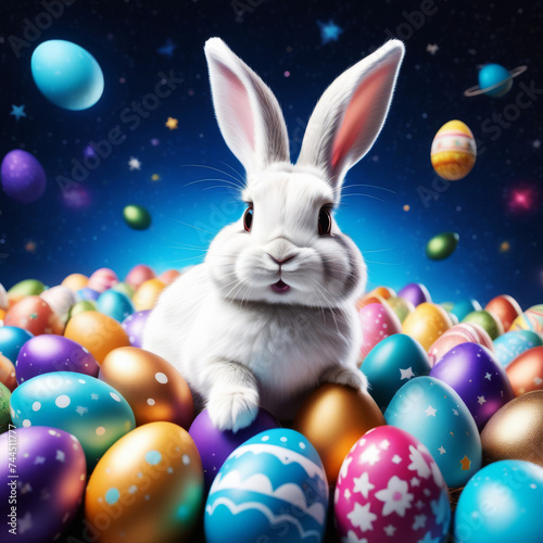 Cartoon Easter Bunny Takes Space Adventure. Adorable futuristic Bunny astronaut collect holiday eggs from sky © Yekatseryna