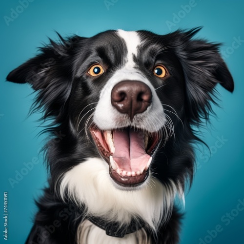 Happy dog sticking out tongue, isolated on blue background, cute pet with cheerful expression © Mikki Orso