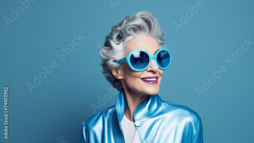 Fashion-forward senior woman in striking blue attire and oversized sunglasses.