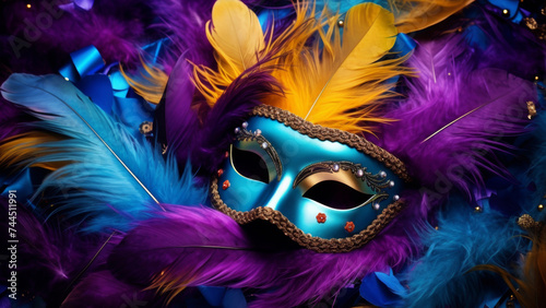 A carnival mask adorned with vivid feathers lies amidst a riot of colorful plumes. © VK Studio