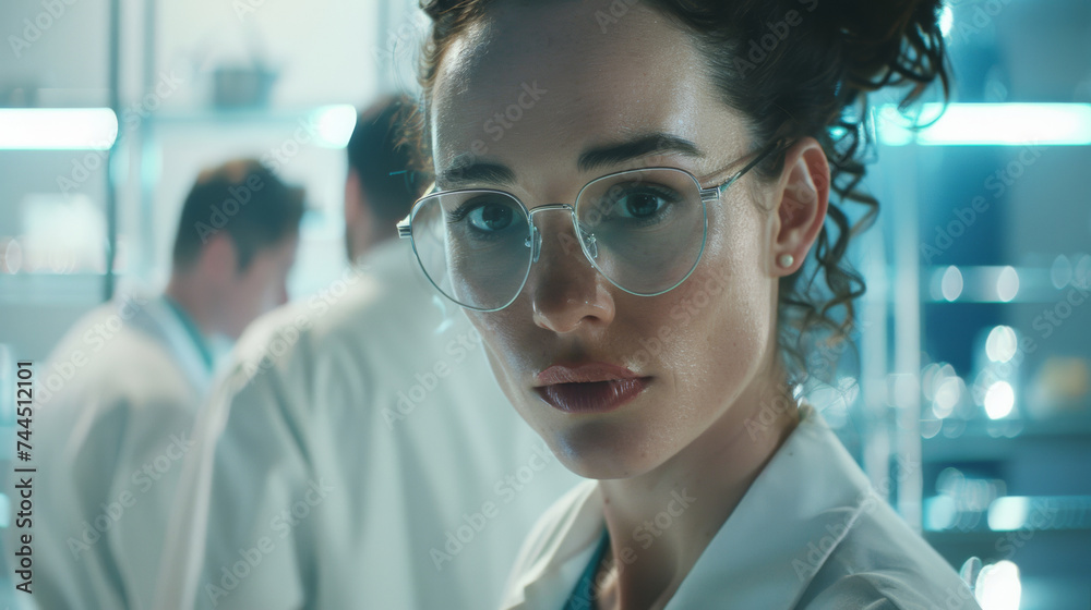 A focused scientist with round glasses in a blue-lit laboratory setting. A focused scientist with round glasses in a blue-lit laboratory setting.