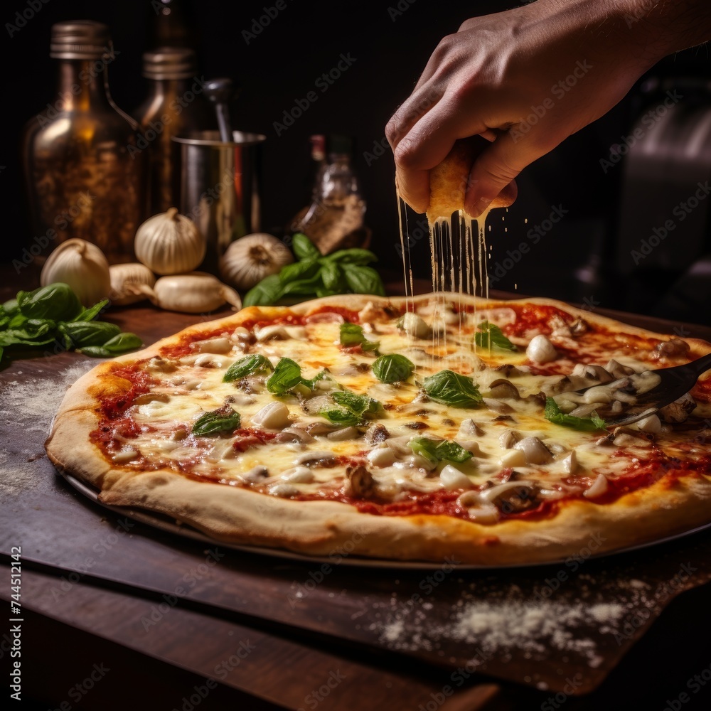 Cooking a mouth-watering pizza in a large oven, delicious homemade pizza baking process