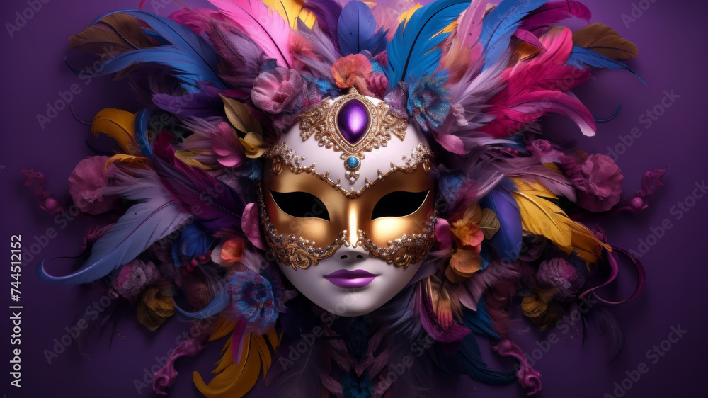 Venetian mask adorned with vibrant plumage and opulent jewels. Venetian mask adorned with vibrant plumage and opulent jewels.