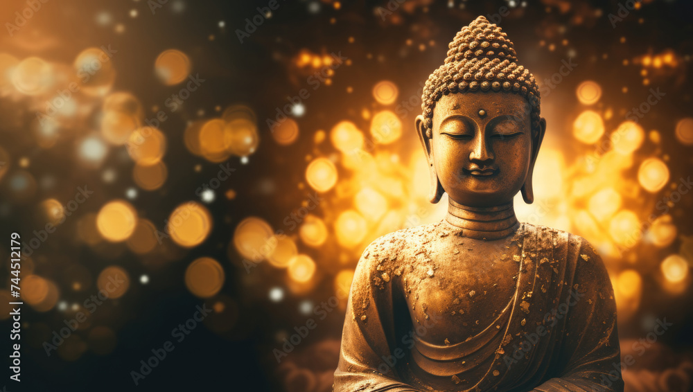 Enchanting golden Buddha statue illuminated amidst sparkling lights.