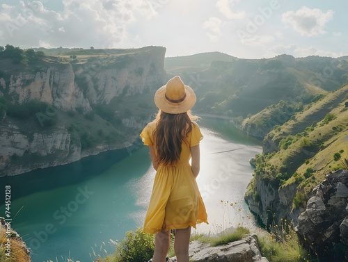 young female travel influencer admiring the view, generative ai image