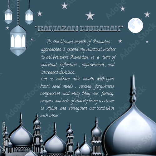 Ramazan Mubarak: Islamic poster set , greeting card, with stars ,moon, lantern, mosques, prayers and whishes. photo