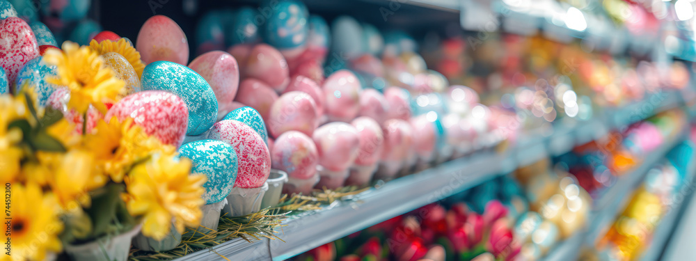 Fototapeta premium Easter Decoration Eggs, Flowers, Bunnies, and Flowers in Shopping Mall Displayed on Store Shelves in a mall with a blurred background