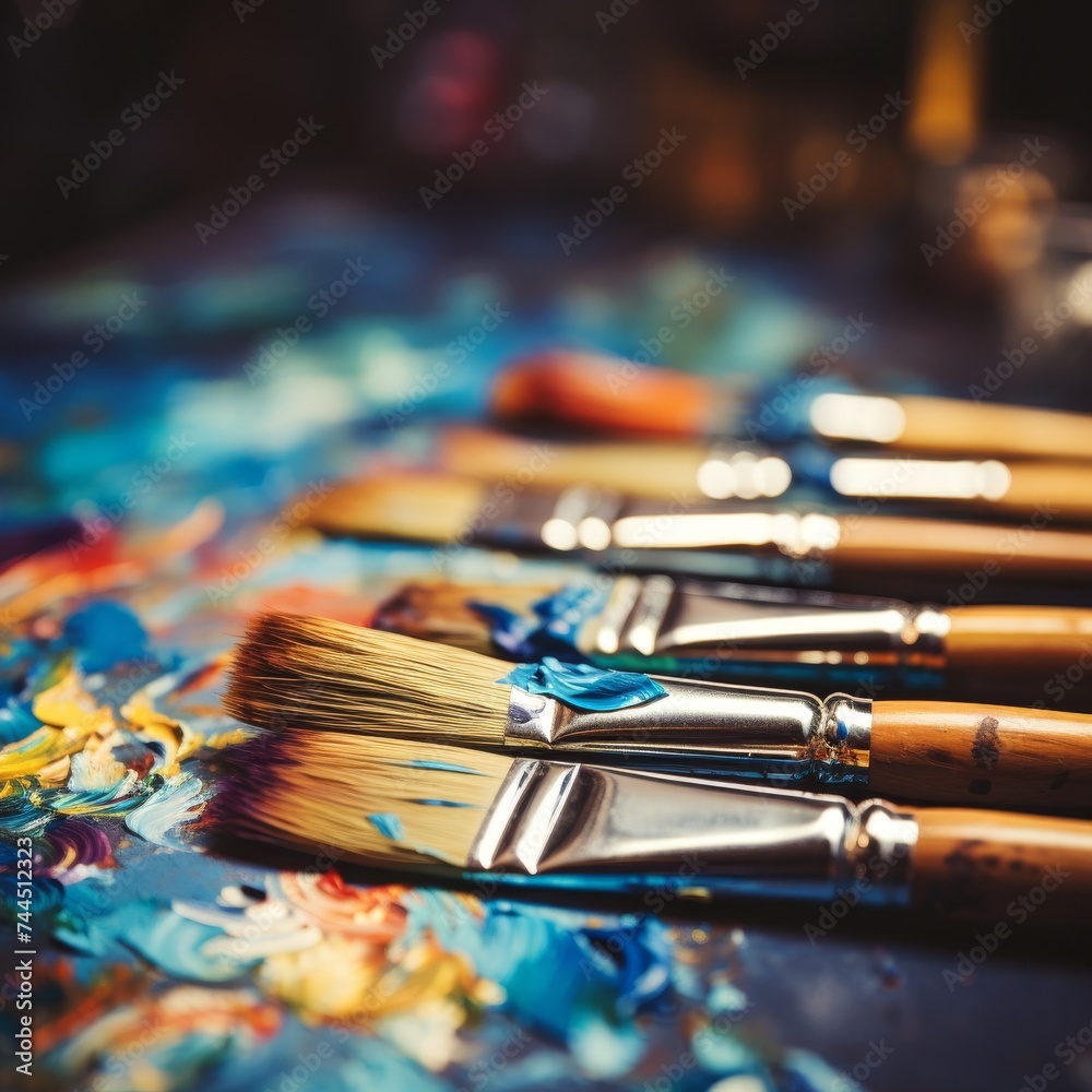 Colorful paint brush splashes on canvas. Closeup of artists brushes on artistic surface