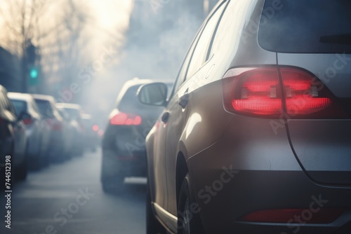 Cars emitting smoke in traffic, air pollution concept. Polluted City Traffic - Environmental Concern © Оксана Олейник