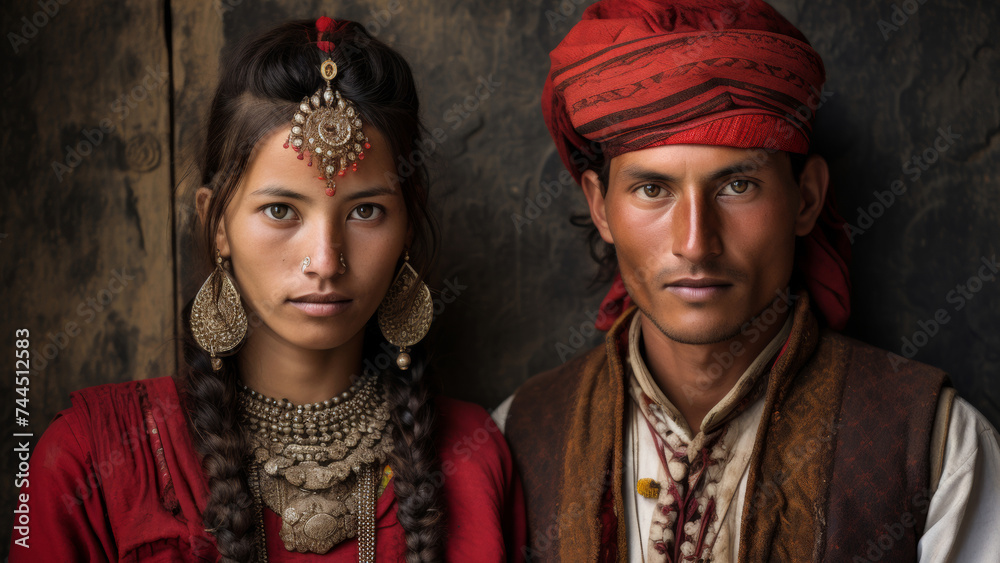 A serene portrait of a young woman and man in traditional attire against a rustic backdrop.